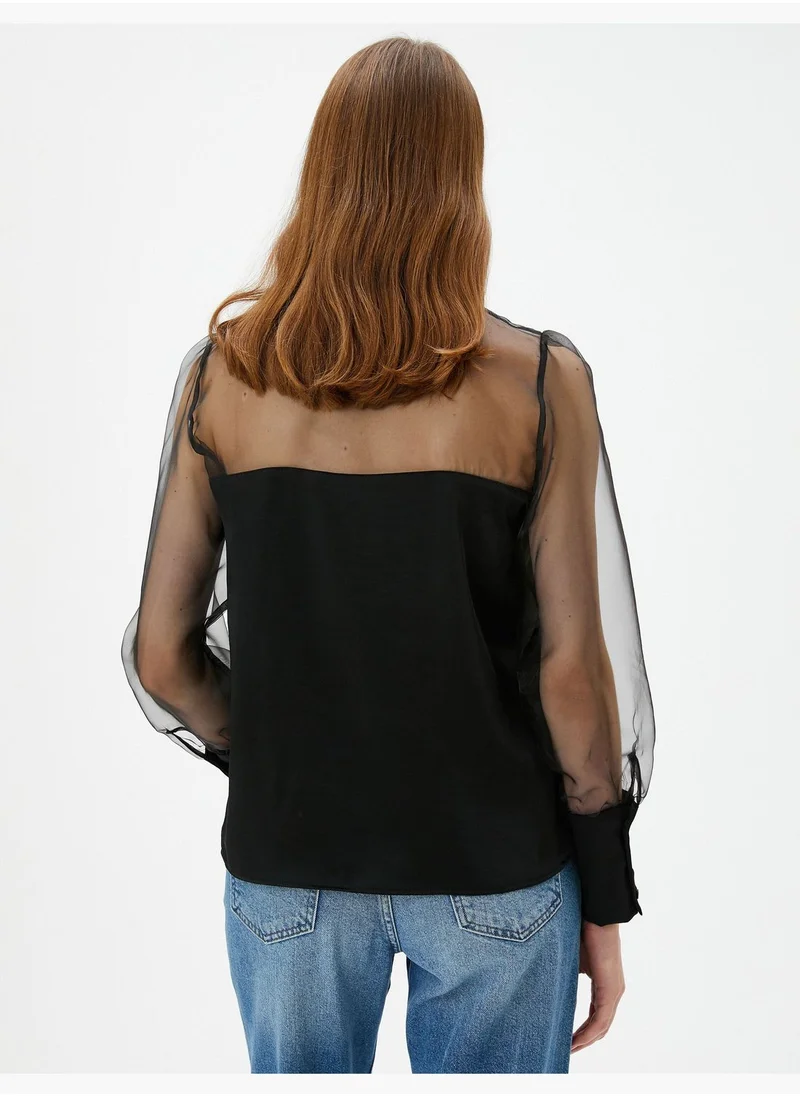 كوتون Sheer Shawl Neck Long Sleeve Shirt