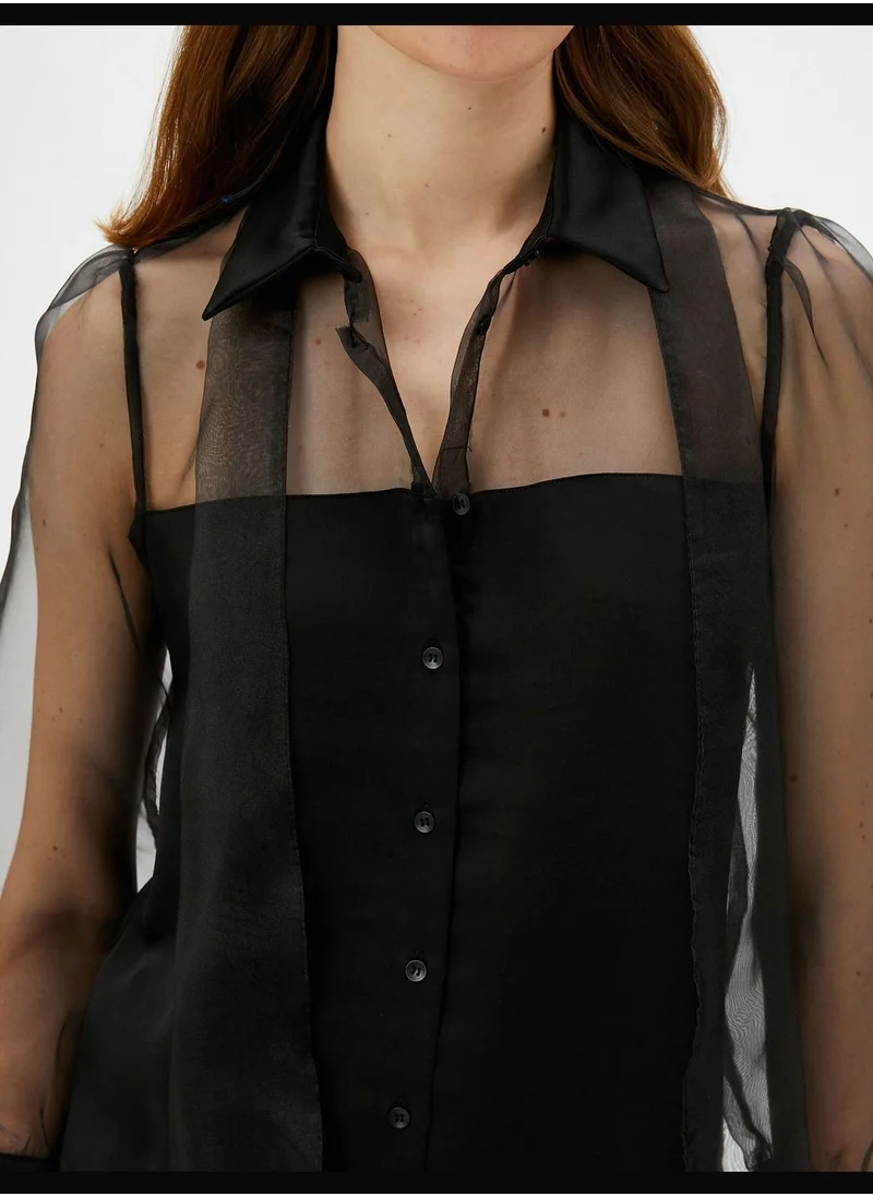 كوتون Sheer Shawl Neck Long Sleeve Shirt
