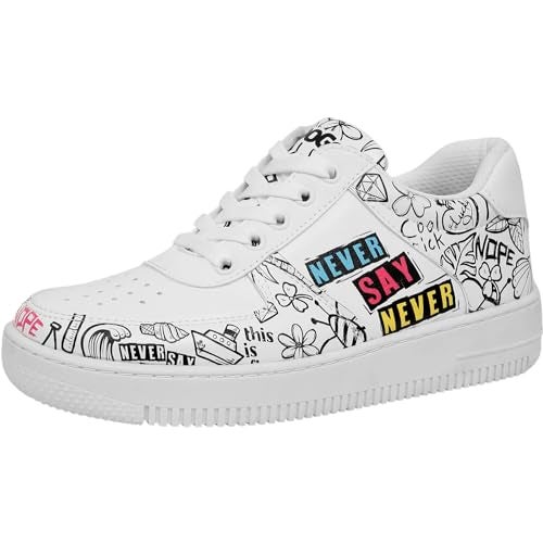 DOGO White Sneakers for Women - Handmade Women's Fashion Sneakers, Vegan Leather and Unique Design Dice Sneakers Never Say Never Design, Size 8 - Image 1