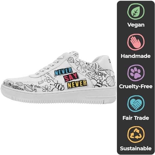 DOGO White Sneakers for Women - Handmade Women's Fashion Sneakers, Vegan Leather and Unique Design Dice Sneakers Never Say Never Design, Size 8 - Image 3