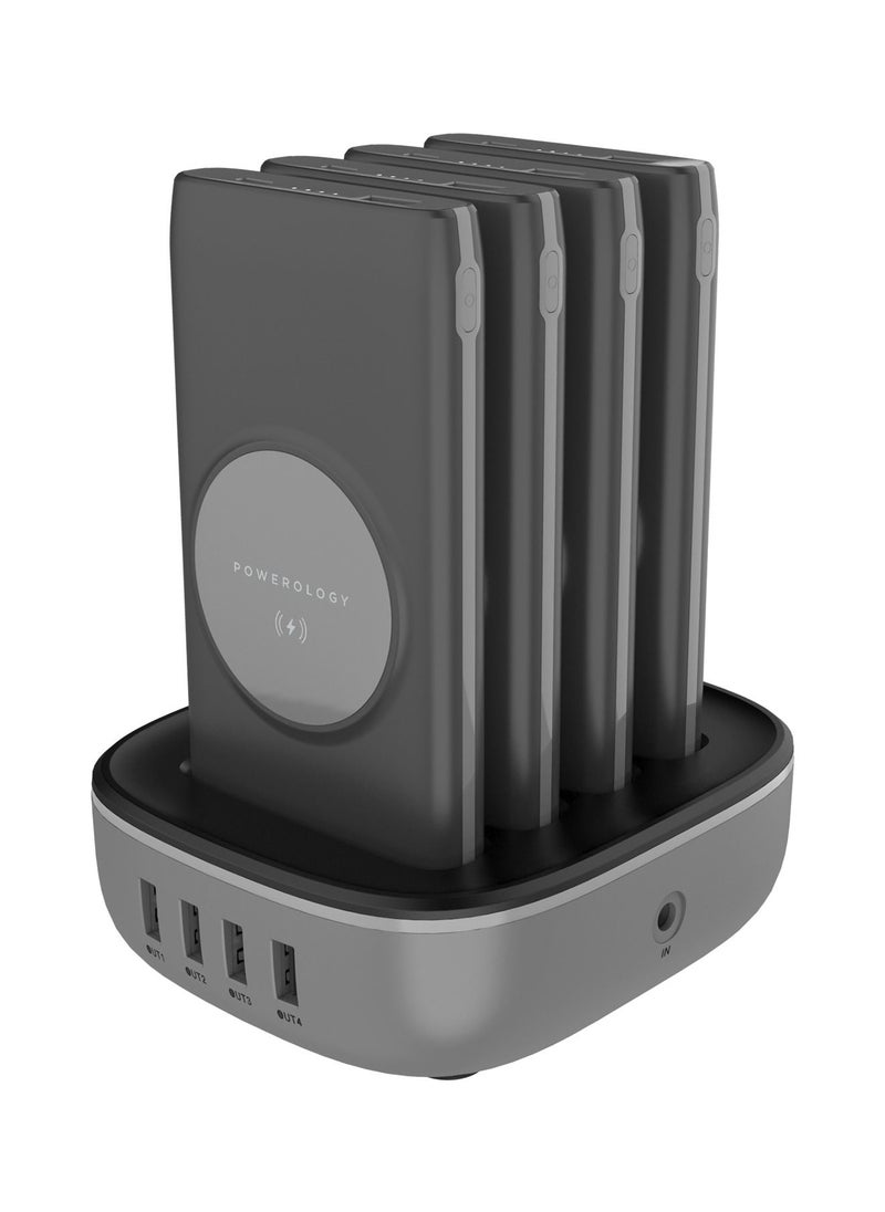 Powerology - 4 in 1 Wireless Powerbank Station 10000mAH with Built in Type-C And Lightning Cable, Fast Charging, Portable - Black - Image 1