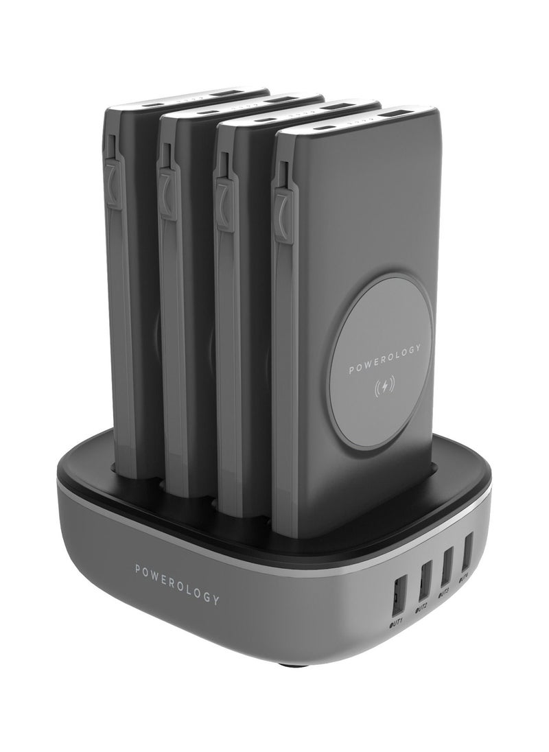 Powerology - 4 in 1 Wireless Powerbank Station 10000mAH with Built in Type-C And Lightning Cable, Fast Charging, Portable - Black - Image 1