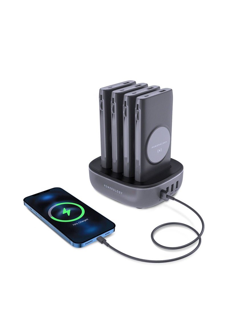 Powerology - 4 in 1 Wireless Powerbank Station 10000mAH with Built in Type-C And Lightning Cable, Fast Charging, Portable - Black - Image 1