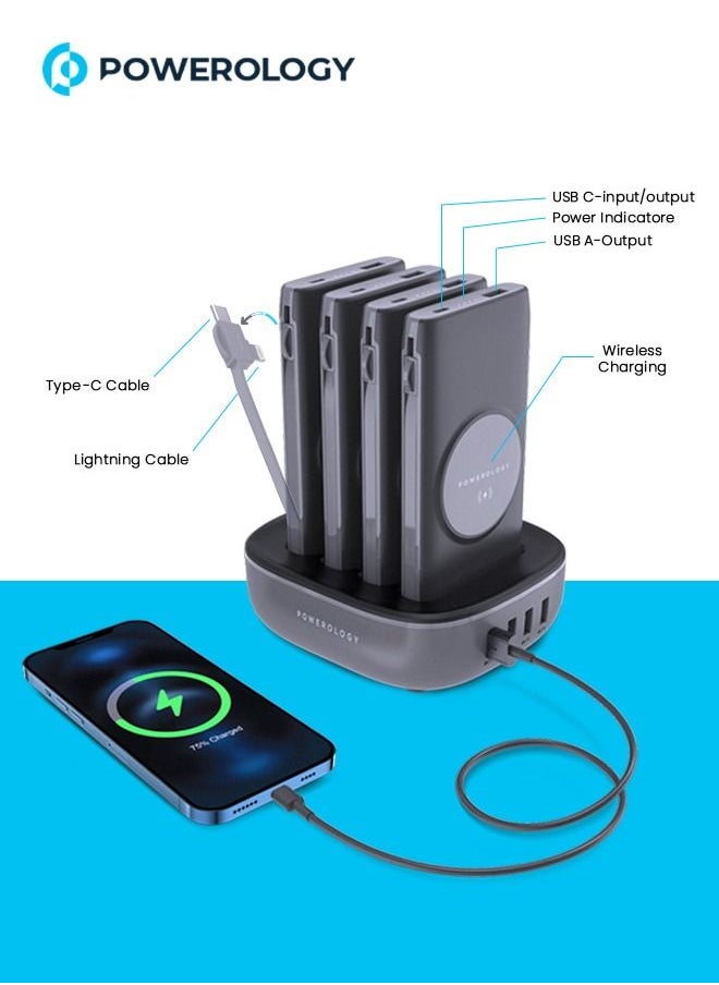 Powerology - 4 in 1 Wireless Powerbank Station 10000mAH with Built in Type-C And Lightning Cable, Fast Charging, Portable - Black - Image 1