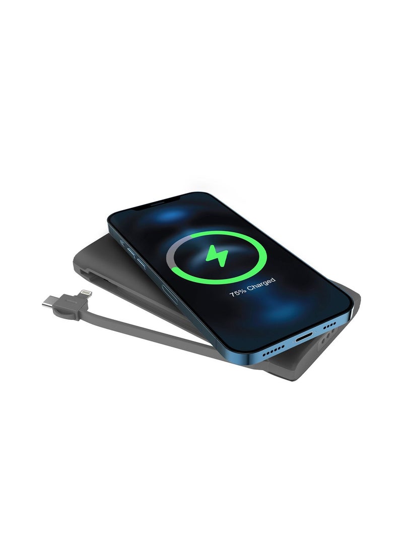 Powerology - 4 in 1 Wireless Powerbank Station 10000mAH with Built in Type-C And Lightning Cable, Fast Charging, Portable - Black - Image 1