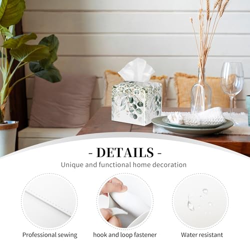 sndheke Eucalyptus Leaves and Flowers Tissue Box Cover Square,Watercolor Green Leaves Branches Tissue Box Holder Waterproof Leather Facial Paper Organizer Dispenser for Bathroom Home Car Nightstand Vanity - Image 3