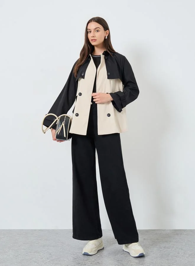Take Two Color Block Button Detail Open Front Jacket