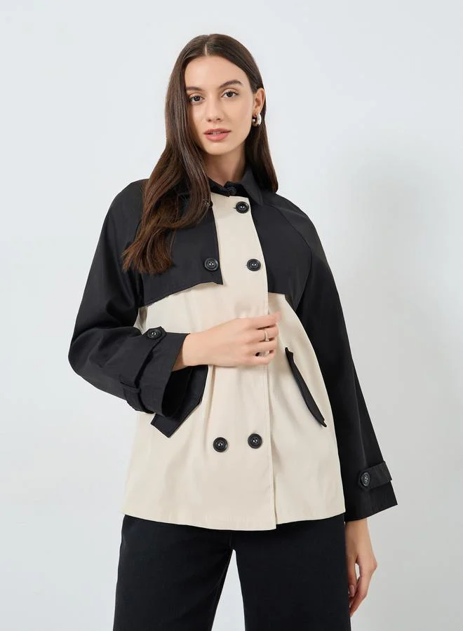 Take Two Color Block Button Detail Open Front Jacket