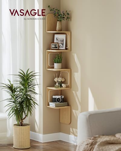 VASAGLE 5-Tier Corner Shelf, Wall Mounted Floating Shelf, Zigzag Corner Shelf Unit, PVC Rattan Sides, Space-Saving, for Kitchen, Living Room, Bedroom, Boho Style, Oak Beige ULLS582Y57 - Image 2