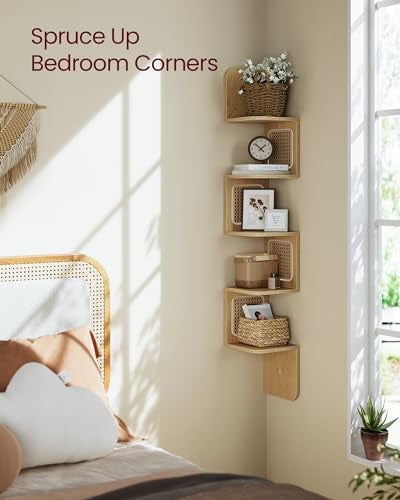 VASAGLE 5-Tier Corner Shelf, Wall Mounted Floating Shelf, Zigzag Corner Shelf Unit, PVC Rattan Sides, Space-Saving, for Kitchen, Living Room, Bedroom, Boho Style, Oak Beige ULLS582Y57 - Image 3