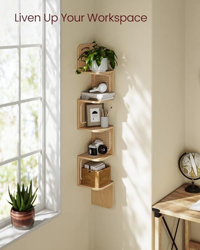 VASAGLE 5-Tier Corner Shelf, Wall Mounted Floating Shelf, Zigzag Corner Shelf Unit, PVC Rattan Sides, Space-Saving, for Kitchen, Living Room, Bedroom, Boho Style, Oak Beige ULLS582Y57 - Image 4