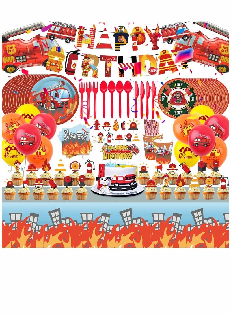 PYEBE 135 PCS Fireman Party Supplies Set for Kids Firetruck Birthday Party Decorations Baby Shower,Includes Plates,Cup,Banner,Tablecloth,Cake Topper,Fire Engine Truck Foil Balloons,12 Inch Latex Balloons - Image 1
