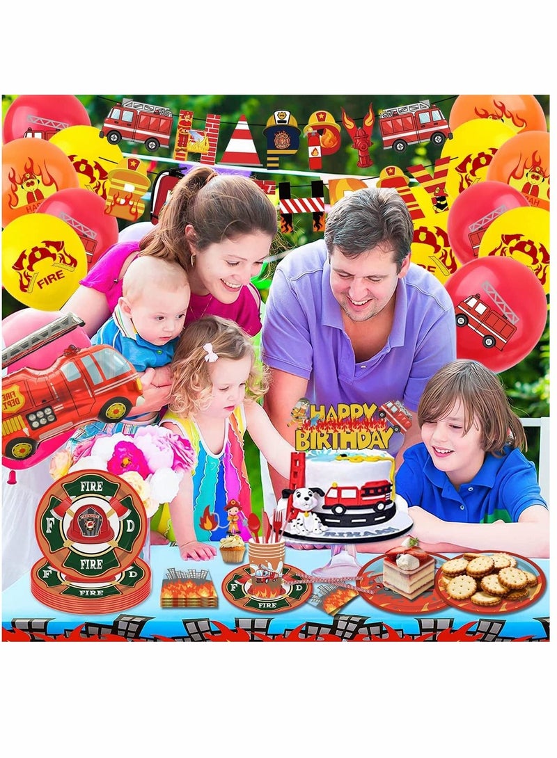 PYEBE 135 PCS Fireman Party Supplies Set for Kids Firetruck Birthday Party Decorations Baby Shower,Includes Plates,Cup,Banner,Tablecloth,Cake Topper,Fire Engine Truck Foil Balloons,12 Inch Latex Balloons - Image 4