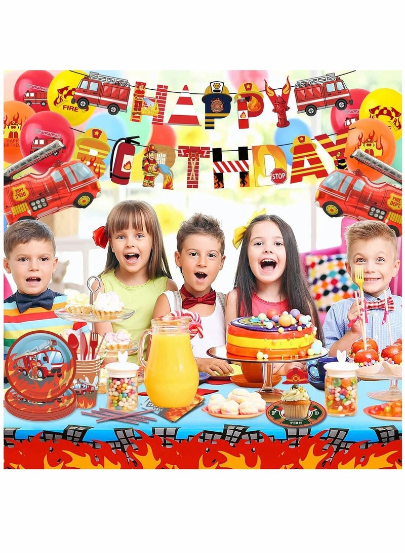 PYEBE 135 PCS Fireman Party Supplies Set for Kids Firetruck Birthday Party Decorations Baby Shower,Includes Plates,Cup,Banner,Tablecloth,Cake Topper,Fire Engine Truck Foil Balloons,12 Inch Latex Balloons - Image 5