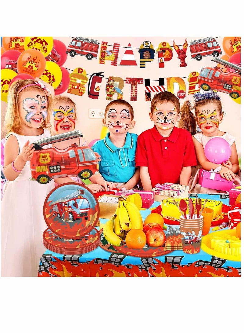 PYEBE 135 PCS Fireman Party Supplies Set for Kids Firetruck Birthday Party Decorations Baby Shower,Includes Plates,Cup,Banner,Tablecloth,Cake Topper,Fire Engine Truck Foil Balloons,12 Inch Latex Balloons - Image 3