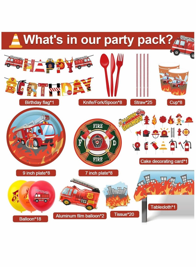 PYEBE 135 PCS Fireman Party Supplies Set for Kids Firetruck Birthday Party Decorations Baby Shower,Includes Plates,Cup,Banner,Tablecloth,Cake Topper,Fire Engine Truck Foil Balloons,12 Inch Latex Balloons - Image 2