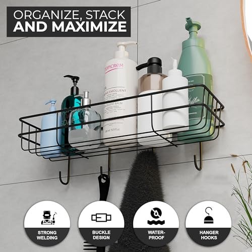 EASY HOME Cast Iron Self Adhesive Multipurpose Wall Mounted Bathroom Shelf with Hooks, Wall Mount Storage Organizer for Kitchen and Washroom Accessories, Black (Powder Coated, Pack of 1) - Image 3