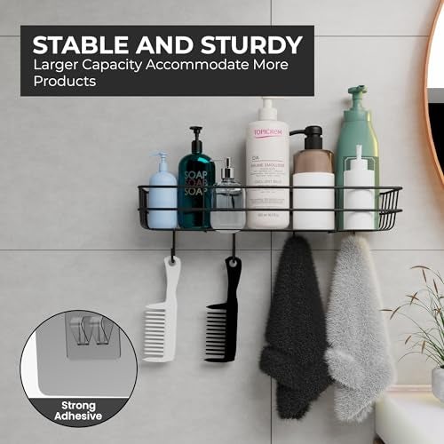 EASY HOME Cast Iron Self Adhesive Multipurpose Wall Mounted Bathroom Shelf with Hooks, Wall Mount Storage Organizer for Kitchen and Washroom Accessories, Black (Powder Coated, Pack of 1) - Image 2