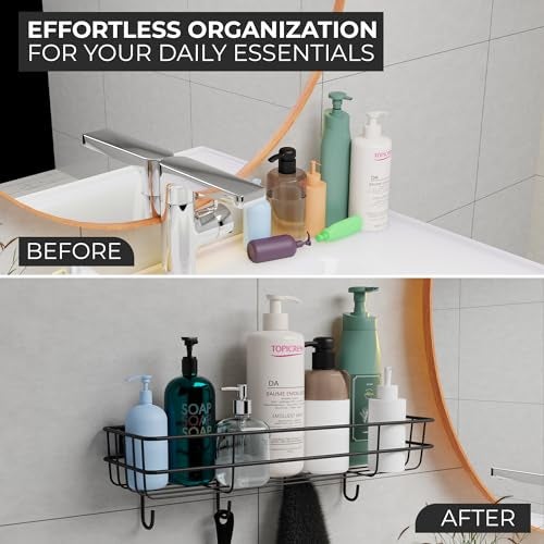 EASY HOME Cast Iron Self Adhesive Multipurpose Wall Mounted Bathroom Shelf with Hooks, Wall Mount Storage Organizer for Kitchen and Washroom Accessories, Black (Powder Coated, Pack of 1) - Image 4