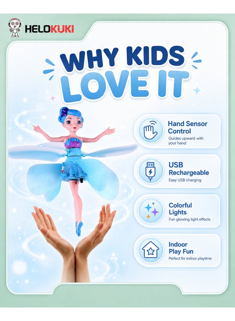Helo Kuki Flying Fairy Doll Toy, USB Rechargeable Hand Sensor Flying Doll With LED Lights, Flexible Propellers, Auto Power-Off Protection, Indoor Play Toy For Kids, Blue - Image 4