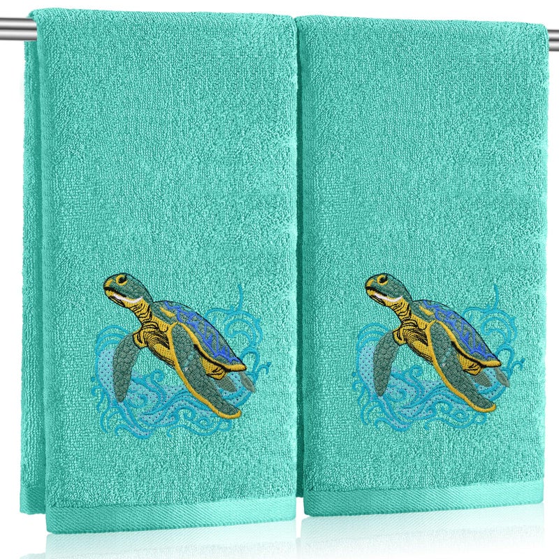 SmoothNovelty 2 Pcs Sea Turtle Hand Towels Teal Bathroom Decor 14x29 Inch Embroidered 100% Cotton Soft Absorbent Spring Summer Decorative Hand Towels for Bathroom Kitchen - Image 1