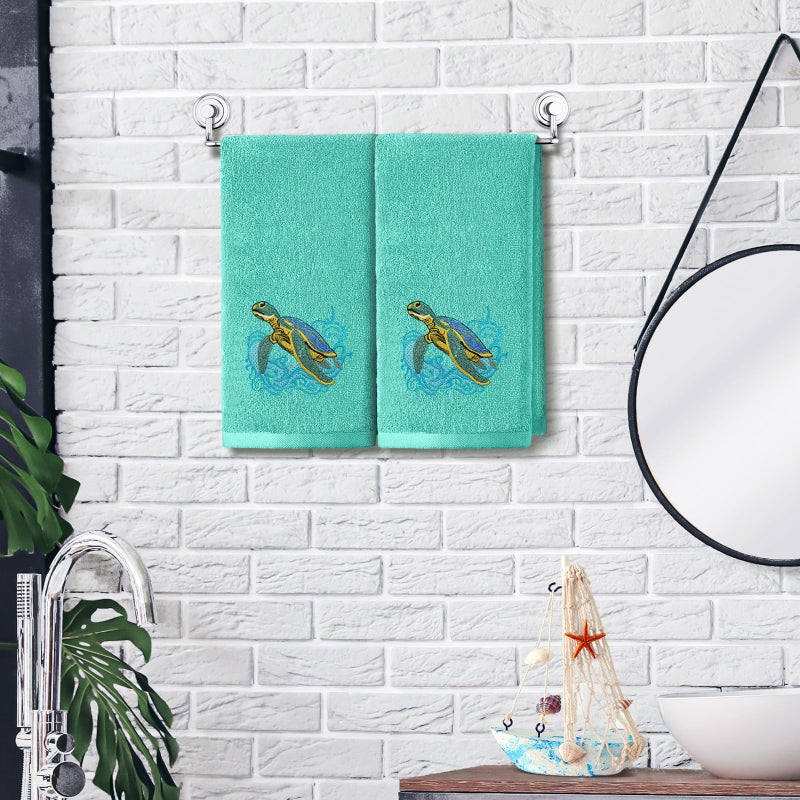 SmoothNovelty 2 Pcs Sea Turtle Hand Towels Teal Bathroom Decor 14x29 Inch Embroidered 100% Cotton Soft Absorbent Spring Summer Decorative Hand Towels for Bathroom Kitchen - Image 5