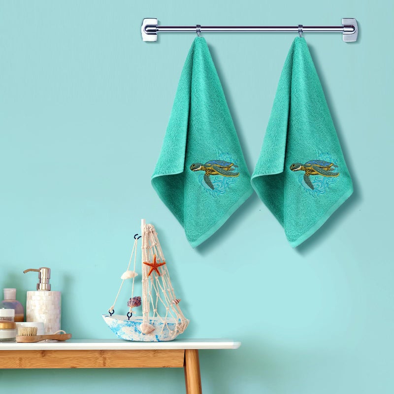 SmoothNovelty 2 Pcs Sea Turtle Hand Towels Teal Bathroom Decor 14x29 Inch Embroidered 100% Cotton Soft Absorbent Spring Summer Decorative Hand Towels for Bathroom Kitchen - Image 2
