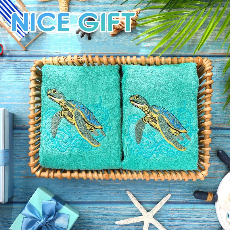 SmoothNovelty 2 Pcs Sea Turtle Hand Towels Teal Bathroom Decor 14x29 Inch Embroidered 100% Cotton Soft Absorbent Spring Summer Decorative Hand Towels for Bathroom Kitchen - Image 4