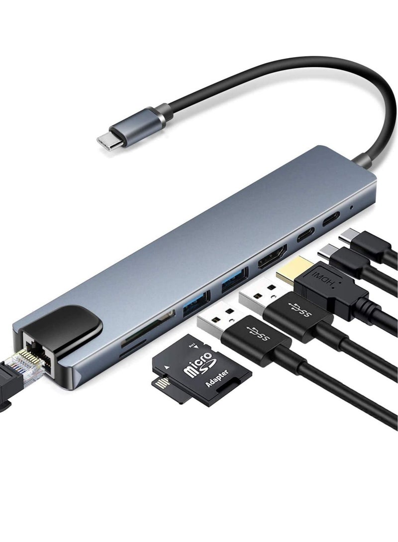 USB C Hub (8 in 1 Multifunction Adapter for MacBook & Windows) / USB Docking Station / 4K HDMI, HDTV, SD/TF card, RJ45, USB C - Image 1