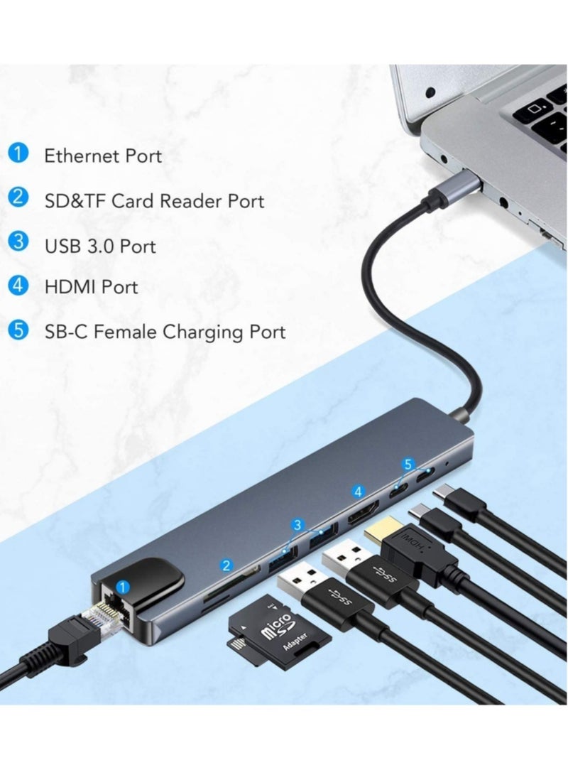 USB C Hub (8 in 1 Multifunction Adapter for MacBook & Windows) / USB Docking Station / 4K HDMI, HDTV, SD/TF card, RJ45, USB C - Image 3