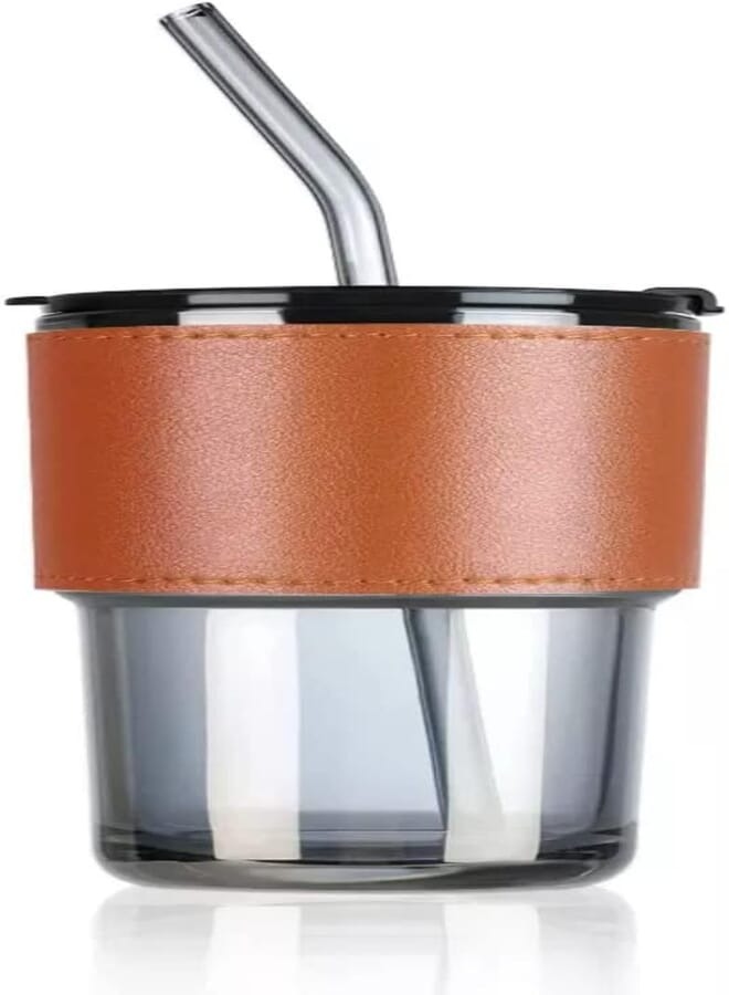 Spaceshoop Voix glass tumbler with lid, glass straw and protective anti-slip leather sleeve for hot and cold beverages tea coffee travel mug smoothies fruit juice (1 piece,435 ml,black color)