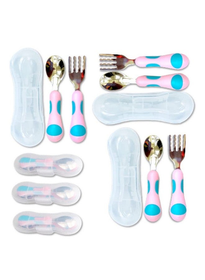 Kinsho Toddler Utensils Kids Silverware Set With Travel Case X 3 Stainless Steel Forks Spoons For 1 2 3 4 Year Old. Metal Lunch Cutlery For Children Girls, Round Handle For Lunchbox, 6 Pieces Pink Blue - Image 1