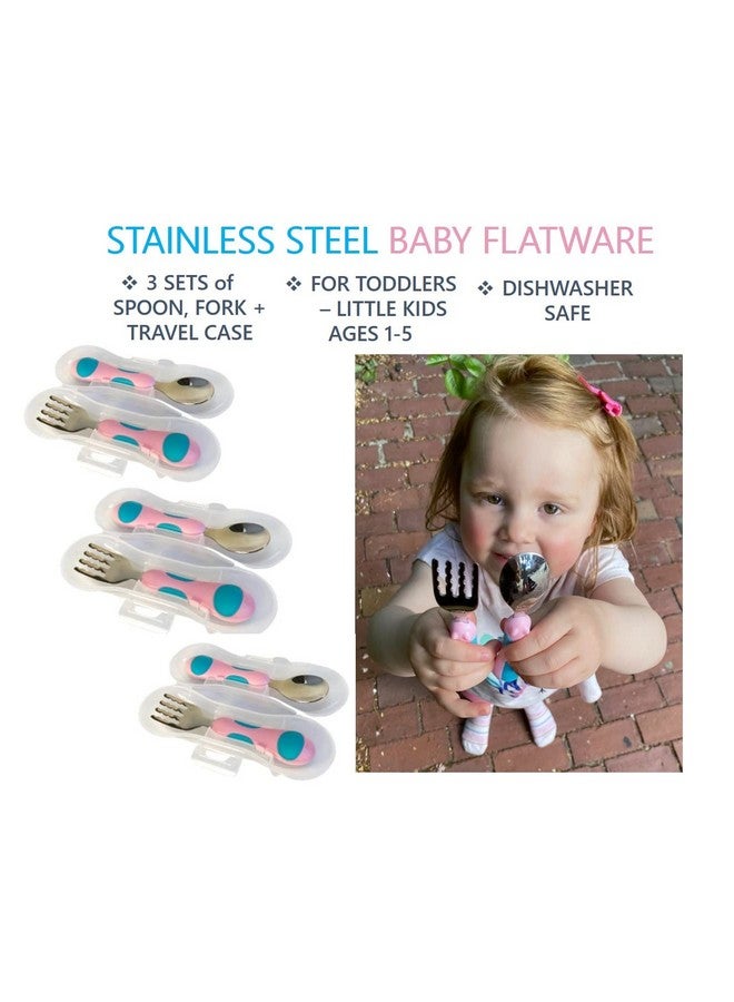 Kinsho Toddler Utensils Kids Silverware Set With Travel Case X 3 Stainless Steel Forks Spoons For 1 2 3 4 Year Old. Metal Lunch Cutlery For Children Girls, Round Handle For Lunchbox, 6 Pieces Pink Blue - Image 2