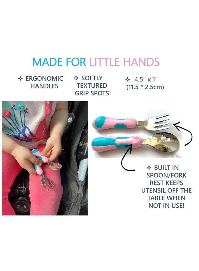 Kinsho Toddler Utensils Kids Silverware Set With Travel Case X 3 Stainless Steel Forks Spoons For 1 2 3 4 Year Old. Metal Lunch Cutlery For Children Girls, Round Handle For Lunchbox, 6 Pieces Pink Blue - Image 3