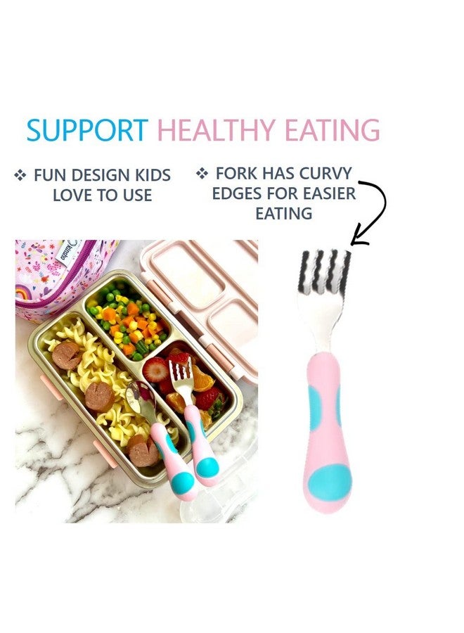 Kinsho Toddler Utensils Kids Silverware Set With Travel Case X 3 Stainless Steel Forks Spoons For 1 2 3 4 Year Old. Metal Lunch Cutlery For Children Girls, Round Handle For Lunchbox, 6 Pieces Pink Blue - Image 4