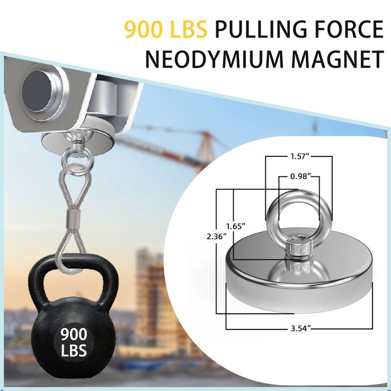 Magnetpro Fishing Magnet, Over 900 Lbs Pulling Force Strong Neodymium Magnet Heavy Duty, Rare Earth Magnets with Eyebolt, Diameter 3.54 inches for Magnetic Fishing, Hunting, Retrieving in River - Image 3