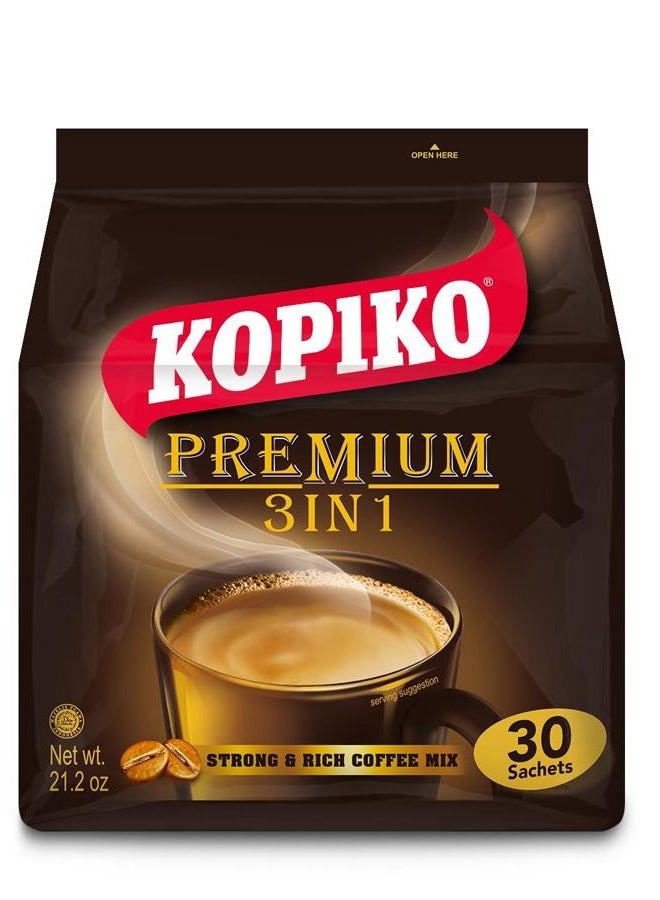 KOPIKO Premium 3 in 1 Instant Coffee Mix – Authentic Indonesian Volcanic Coffee, Strong Yet Smooth, Pre-Mixed with Creamer & Sugar (21.2 OZ in 30 Coffee Sachets) - Image 1