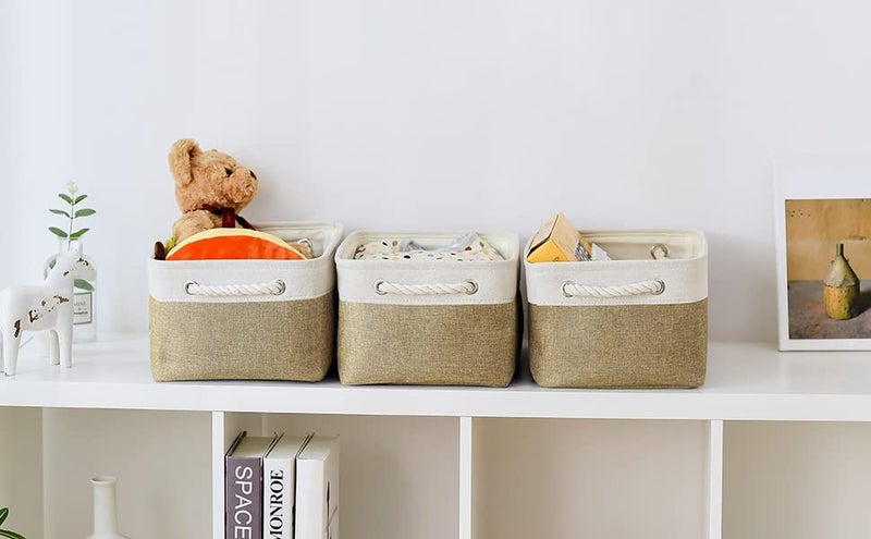 TheWarmHome TheWarmHome Storage Basket for Organizing - 14x10x7 inch Medium 3 Pack Collapsible Storage Bin for Shelves with Handles  Canves Storage Box for Organizer Cubes Cloth Gift Toy Closet (White & Khaki) - Image 4