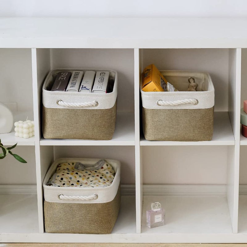 TheWarmHome TheWarmHome Storage Basket for Organizing - 14x10x7 inch Medium 3 Pack Collapsible Storage Bin for Shelves with Handles  Canves Storage Box for Organizer Cubes Cloth Gift Toy Closet (White & Khaki) - Image 2