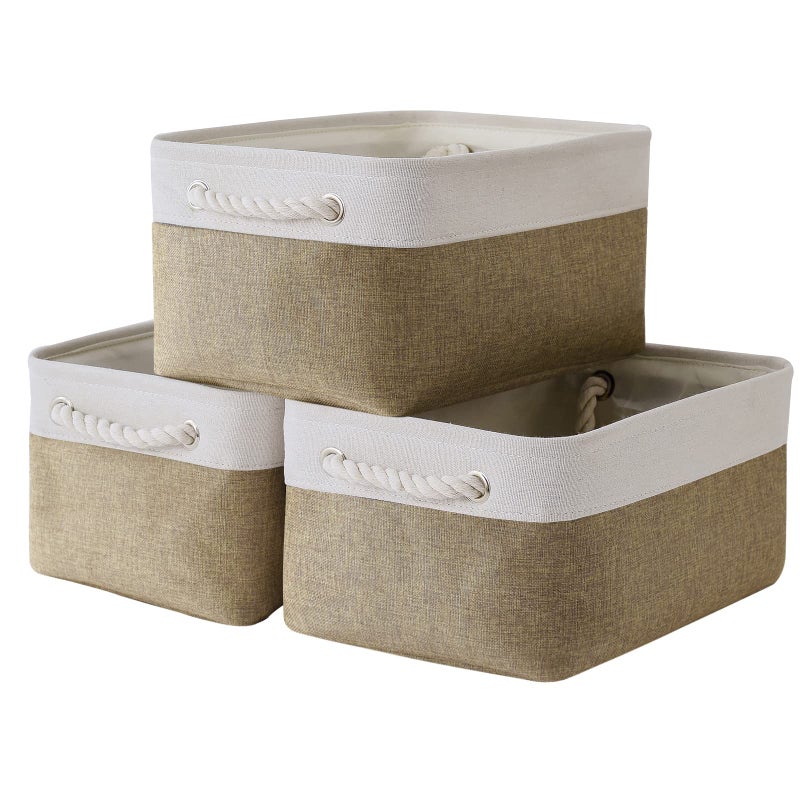 TheWarmHome TheWarmHome Storage Basket for Organizing - 14x10x7 inch Medium 3 Pack Collapsible Storage Bin for Shelves with Handles  Canves Storage Box for Organizer Cubes Cloth Gift Toy Closet (White & Khaki) - Image 1