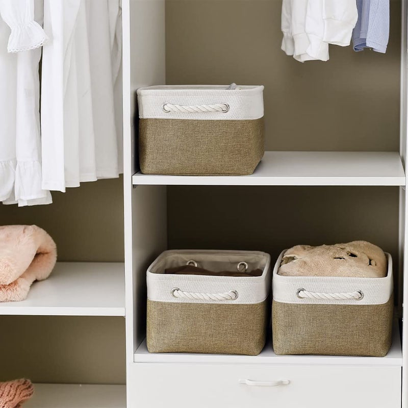 TheWarmHome TheWarmHome Storage Basket for Organizing - 14x10x7 inch Medium 3 Pack Collapsible Storage Bin for Shelves with Handles  Canves Storage Box for Organizer Cubes Cloth Gift Toy Closet (White & Khaki) - Image 3