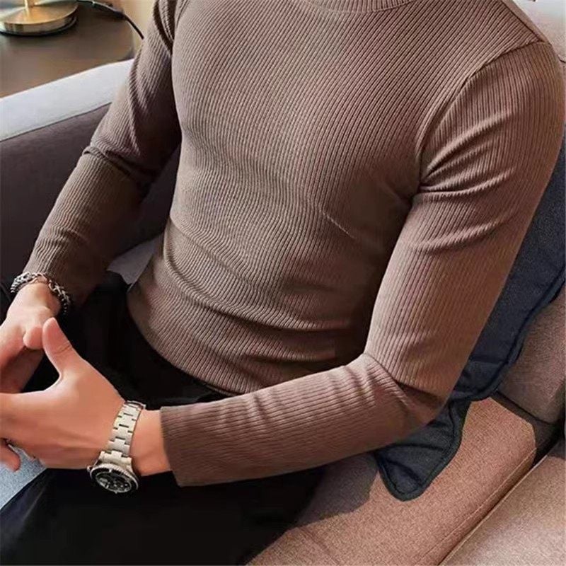 2025 autumn new half-turtleneck base shirt men's long-sleeved autumn clothes versatile striped slim-fit top inner T-shirt - Image 3
