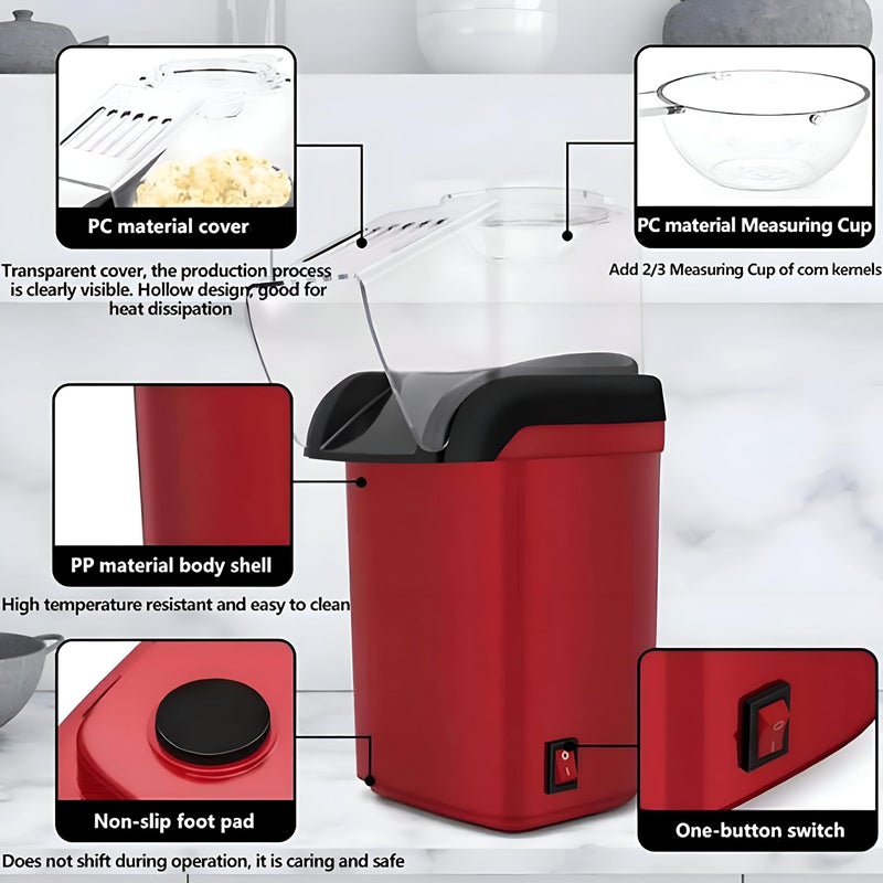 Red Popcorn Appliance - 1200W hot air machine, oil-free operation, large capacity, 17.7x12x26.6 cm footprint, includes measuring cup for consistent results. - Image 4