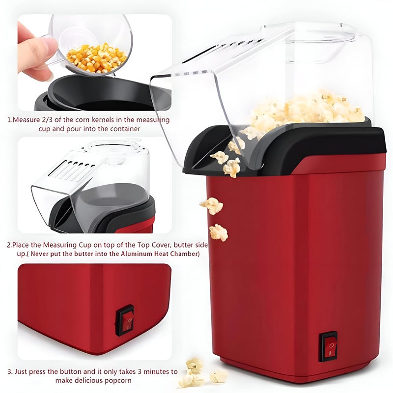 Red Popcorn Appliance - 1200W hot air machine, oil-free operation, large capacity, 17.7x12x26.6 cm footprint, includes measuring cup for consistent results. - Image 5