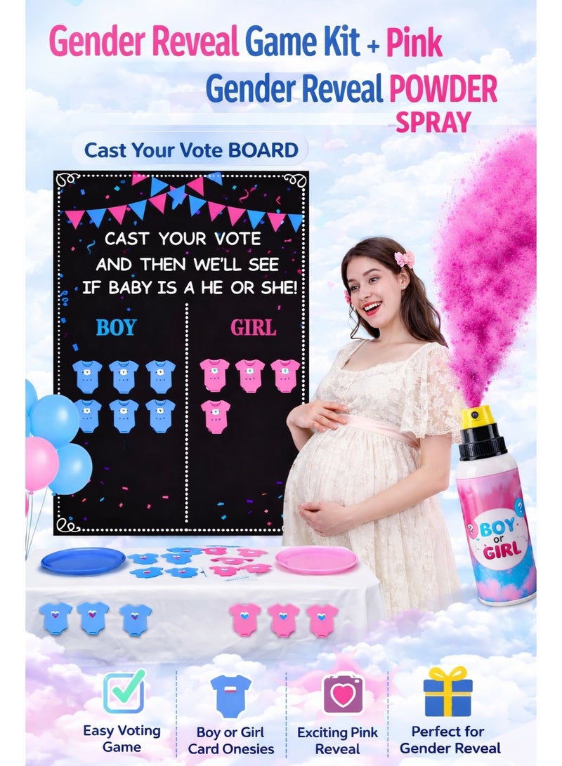 JOLLITY LLC Gender Reveal Game Kit with Pink Powder Spray | Cast Your Vote Board, Boy or Girl Cards, Party Decoration Set | Baby Shower Gender Reveal Supplies - Image 1