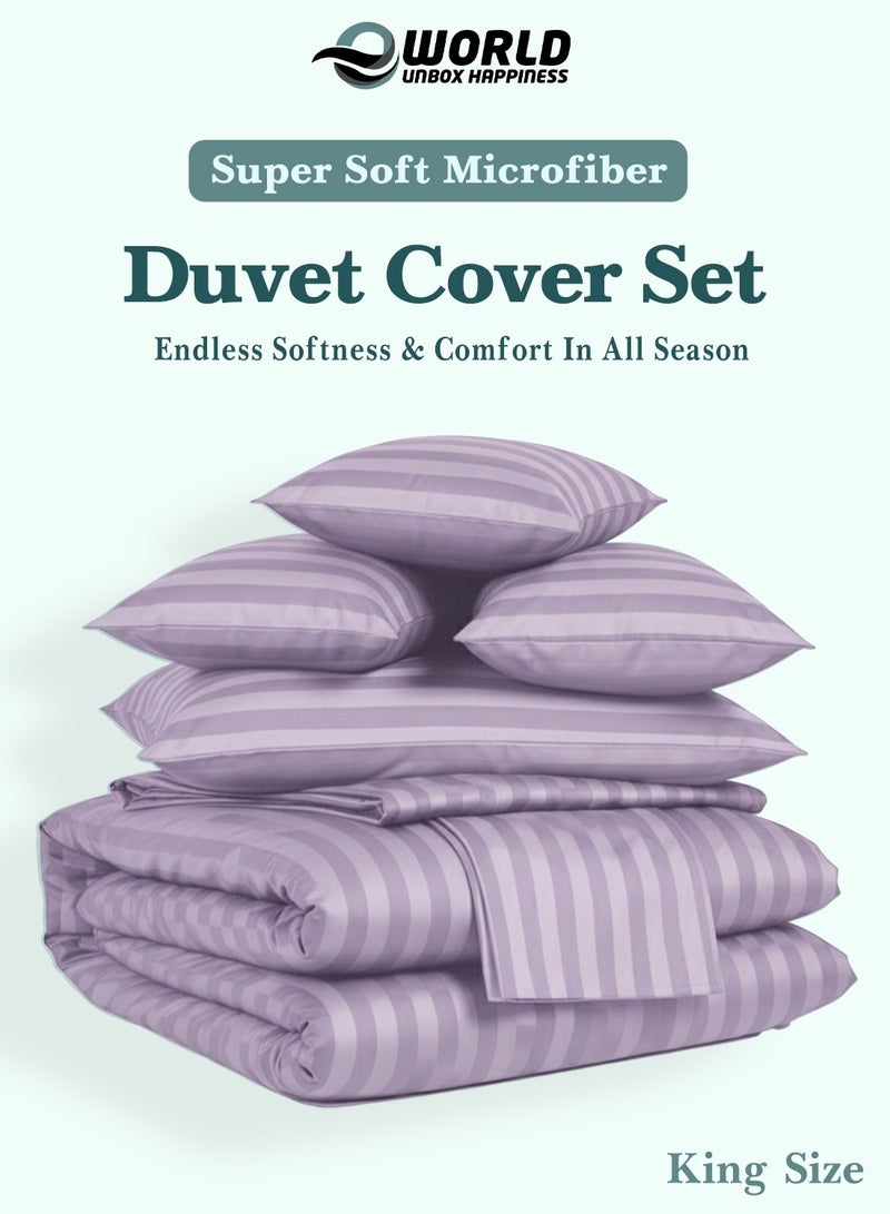 Eworld Premium Striped Duvet Set All Season – 6-Pieces Set Lilac | King Size 220x240 cm | Ultra-Soft, Wrinkle-Resistant & Made in Dubai | Includes Duvet Cover, Fitted Sheet (200x200 cm) & 4 Pillowcases (50x70 cm) - Image 3