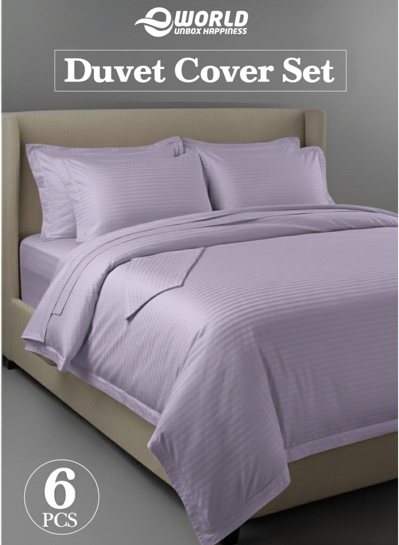 Eworld Premium Striped Duvet Set All Season – 6-Pieces Set Lilac | King Size 220x240 cm | Ultra-Soft, Wrinkle-Resistant & Made in Dubai | Includes Duvet Cover, Fitted Sheet (200x200 cm) & 4 Pillowcases (50x70 cm) - Image 1