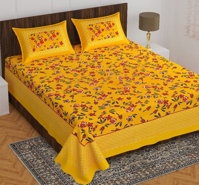 BedZone Cotton Rajasthani Jaipuri Tradition Floral King Size Double Bed Bedsheet with 2 Pillow Covers BYellow - Image 2