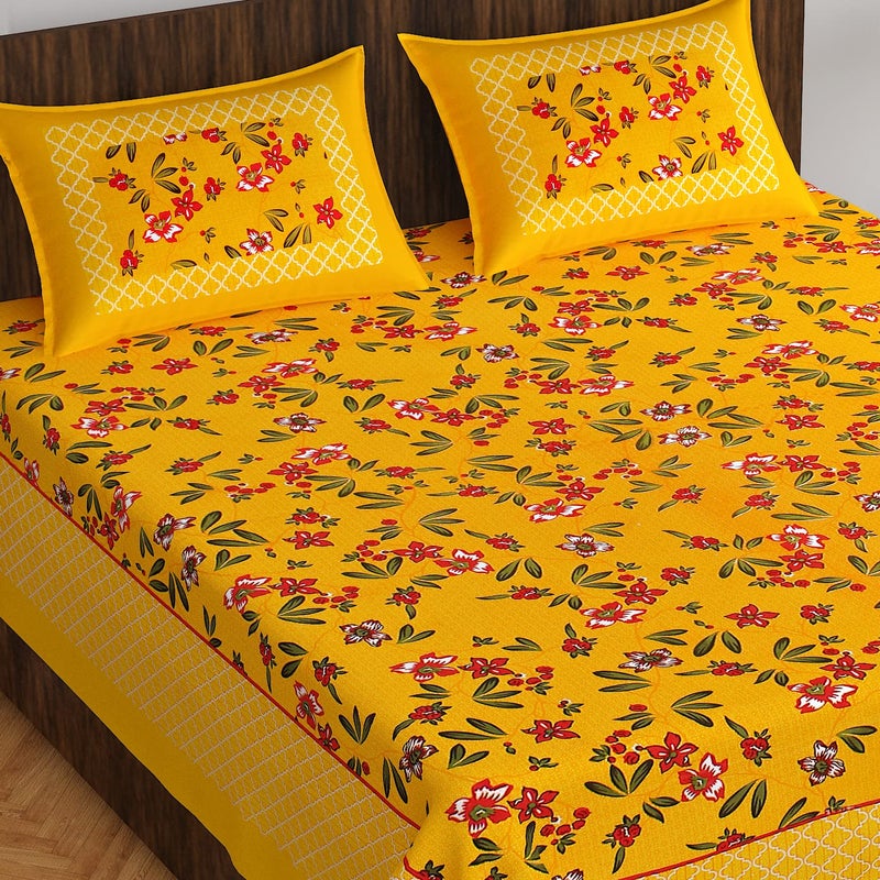 BedZone Cotton Rajasthani Jaipuri Tradition Floral King Size Double Bed Bedsheet with 2 Pillow Covers BYellow - Image 1