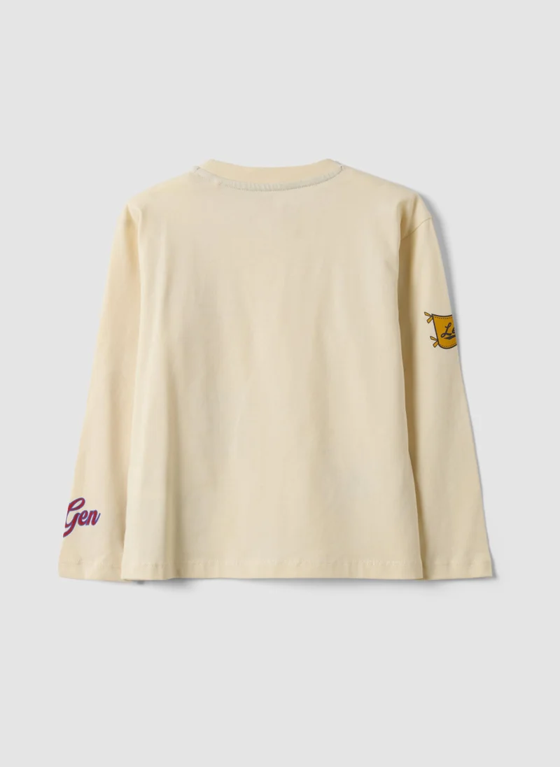Ovs OVS Beige Pure Cotton Crew-Neck College-Print T-Shirt For Boys